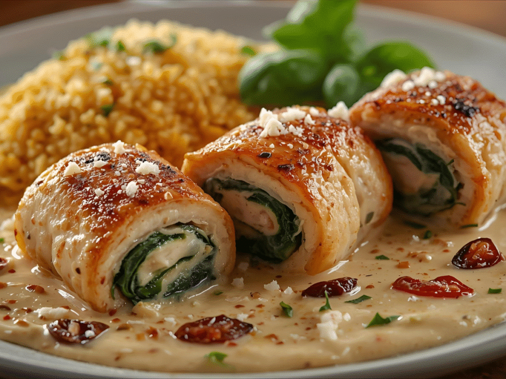Alt Text: Easy Chicken Roll Ups arranged on a white plate with creamy sauce, served alongside a fork.