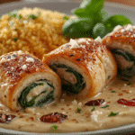 Alt Text: Easy Chicken Roll Ups arranged on a white plate with creamy sauce, served alongside a fork.