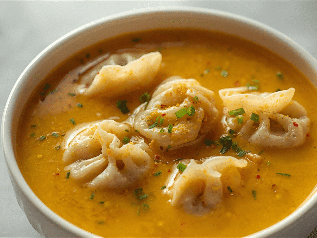 Spoonful of Thai Coconut Curry Dumpling Soup with spinach,