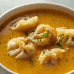 Spoonful of Thai Coconut Curry Dumpling Soup with spinach,