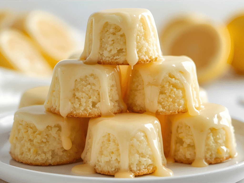 A hand holding a single Mini Lemon Drop Cake bite to show the size, with a blurred background of a bright kitchen and baking ingredients.