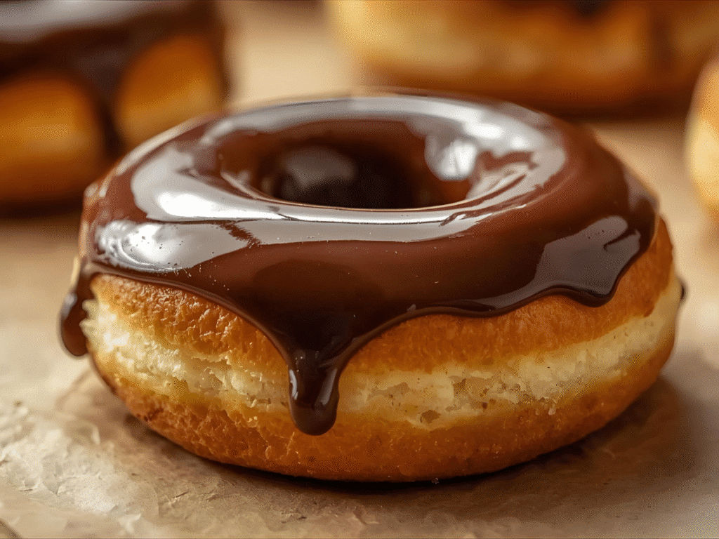 Alt Text: Pouring chocolate glaze over a Boston Cream Donut. 