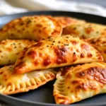 Hand pulling apart a cheesy pizza pocket to reveal the steaming mozzarella cheese and crispy chicken filling.