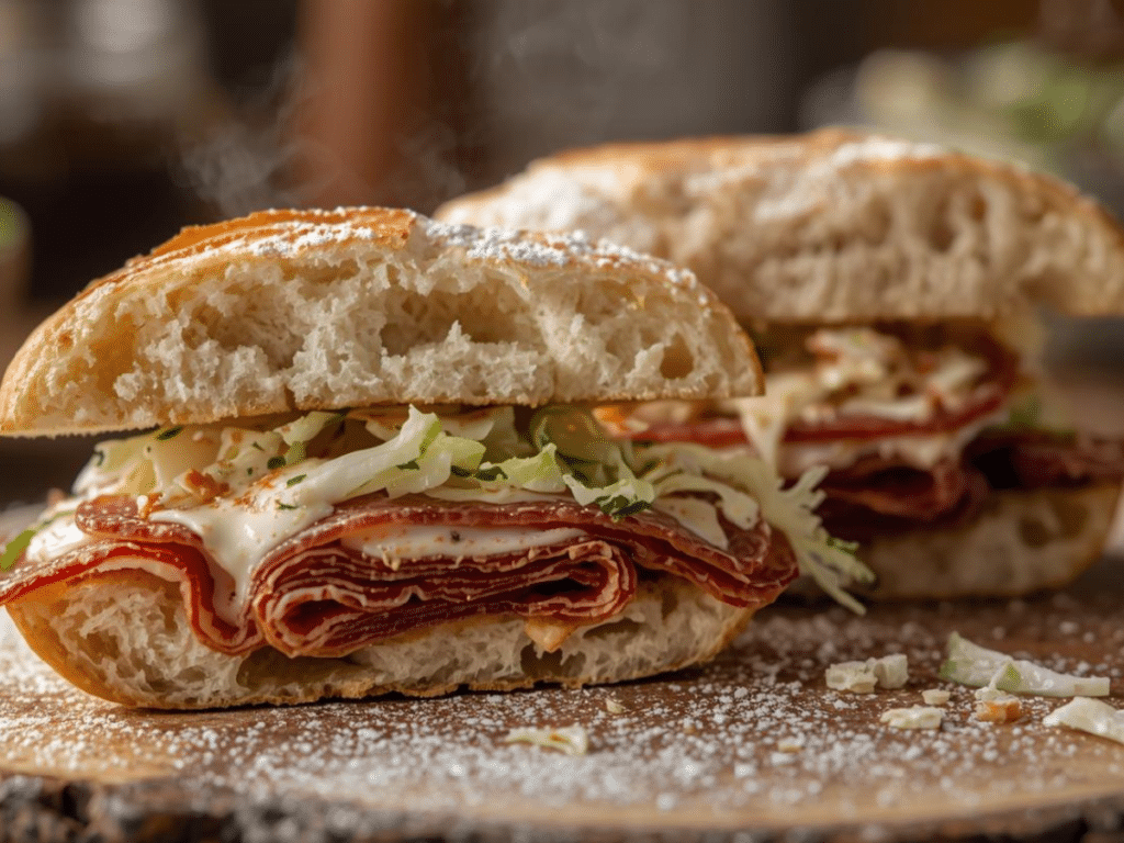 Alt Text: Half of a TikTok salad sandwich with melted cheese and a thick layer of Italian grinder dressing mixed with shredded lettuce.