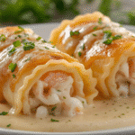 Family style serving of Shrimp Crab Alfredo Roll Ups on a dinner table.