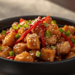 Alt Text: Close up macro shot of healthy authentic Chinese chicken showing the texture of the garlic soy glaze coating the meat and mushrooms.