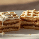 Ingredients for Cinnamon Roll Bliss Bars including butter, sugar, and cinnamon on a wooden table.
