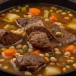 A bowl of Hearty Beef With Barley Soup showing pearl barley, tender beef chuck, and sliced carrots.