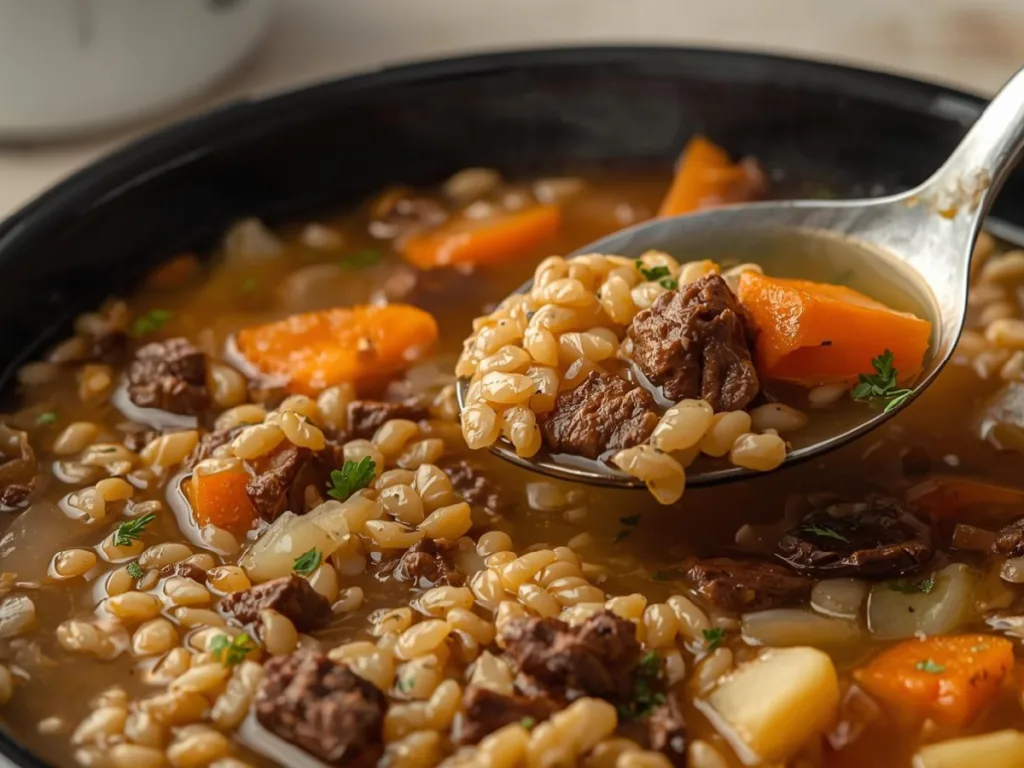 Close-up of Healthy Beef Barley Soup Recipes featuring fresh vegetables, tender beef stew meat, and nutritious barley.