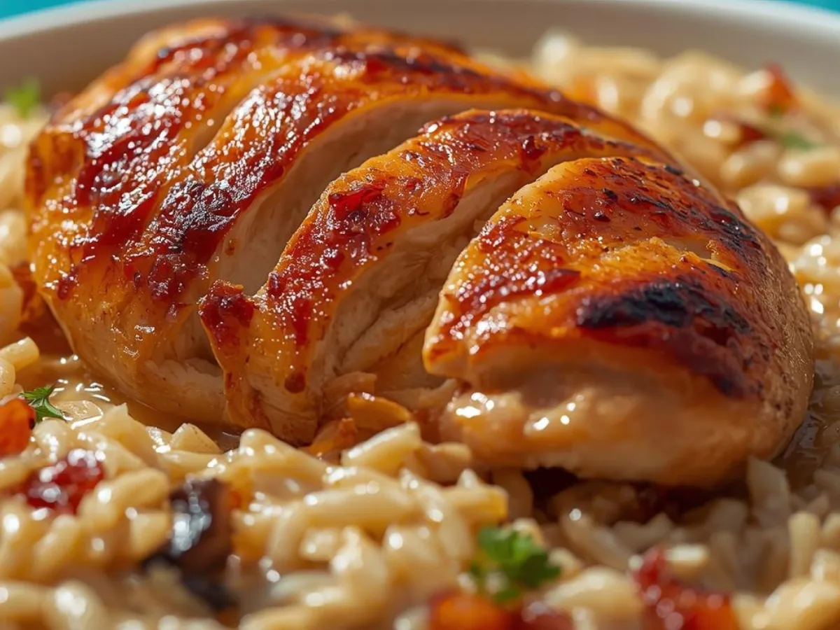 Golden brown Dump & Bake Creamy Rice & Chicken with cheese