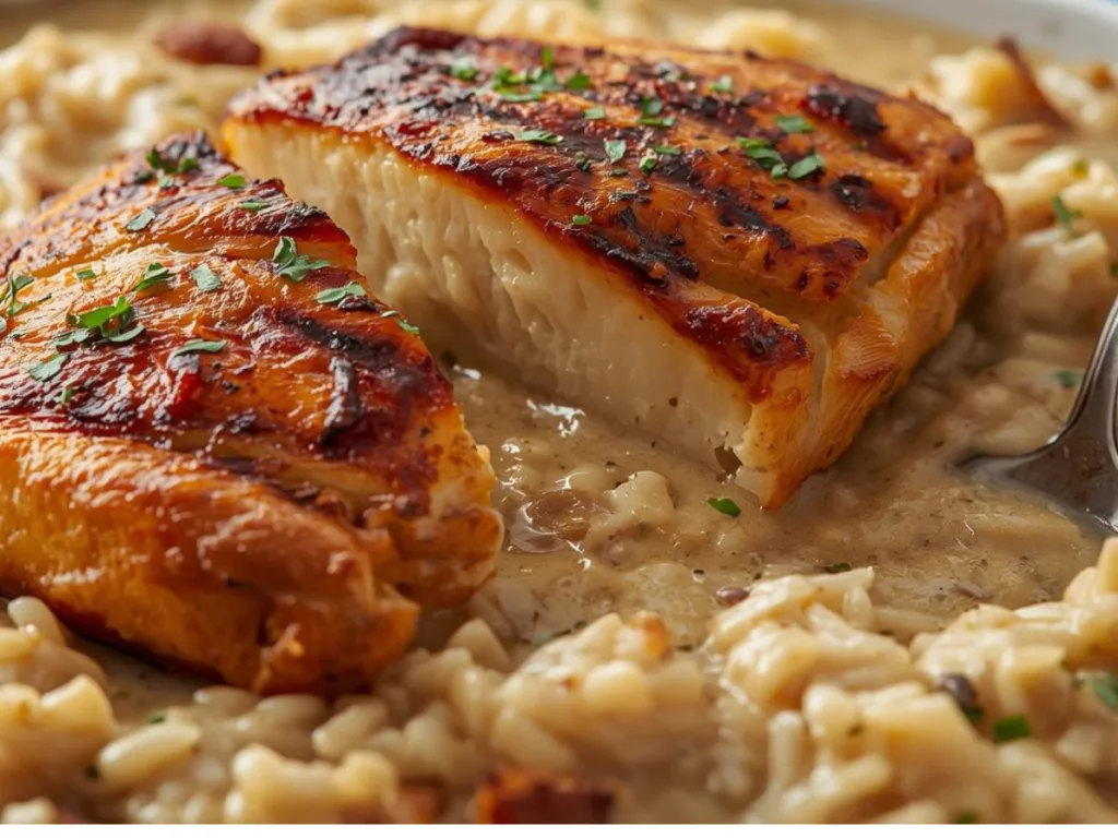 One pan Dump & Bake Creamy Rice & Chicken on a table