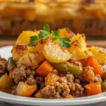 Close-up of Amish Winter Bliss Casserole with ground beef, cubed Yukon Gold potatoes, and fresh green beans in a savory broth.