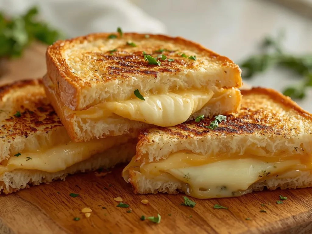 Golden-brown Garlic Bread Grilled Cheese with gooey melted mozzarella stretching between crispy sourdough bread slices.