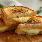 Golden-brown Garlic Bread Grilled Cheese with gooey melted mozzarella stretching between crispy sourdough bread slices.