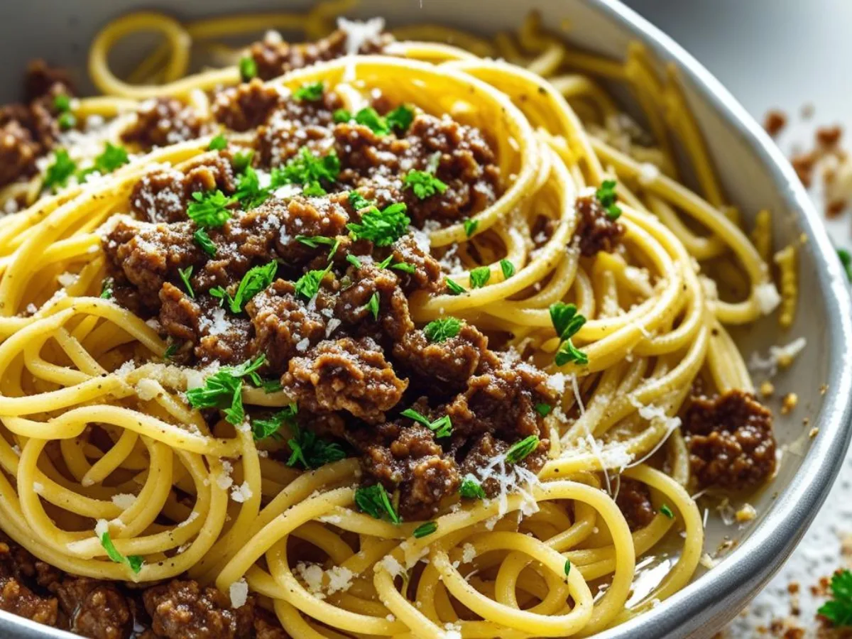 Savory Garlic Butter Beef Pasta with Creamy Parmesan.