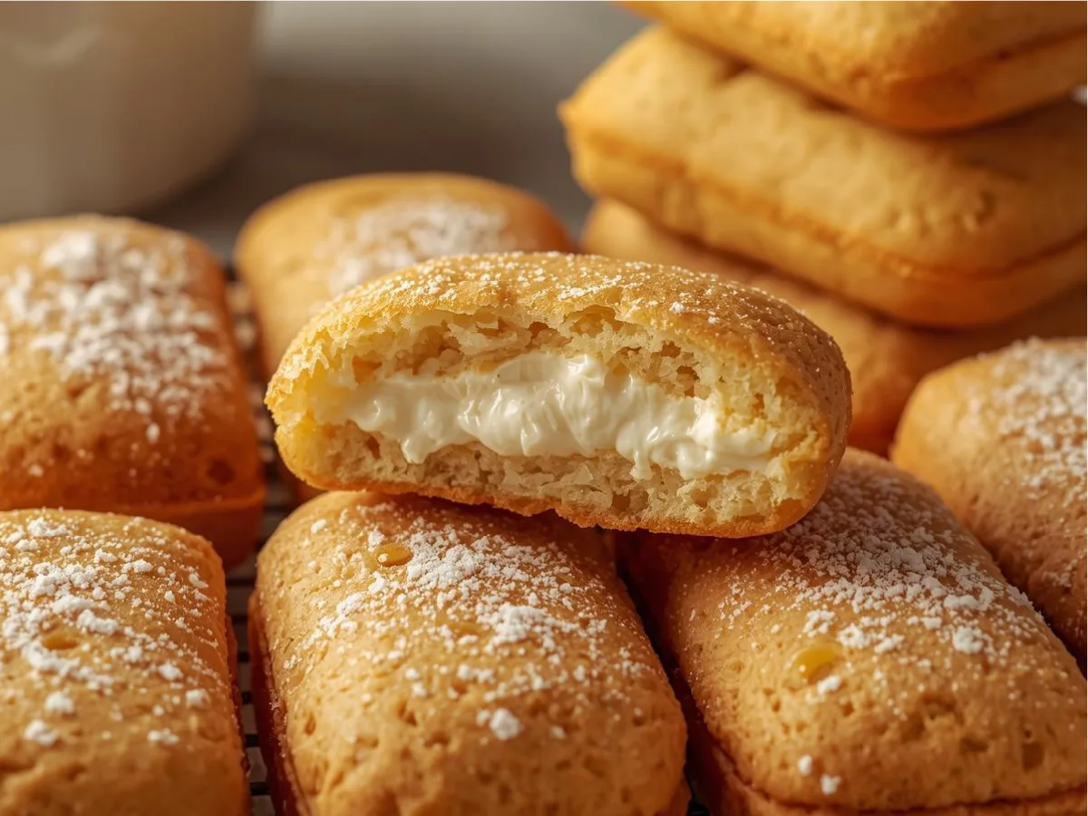 A stack of fluffy Homemade Twinkies with creamy marshmallow filling on a rustic wooden board.