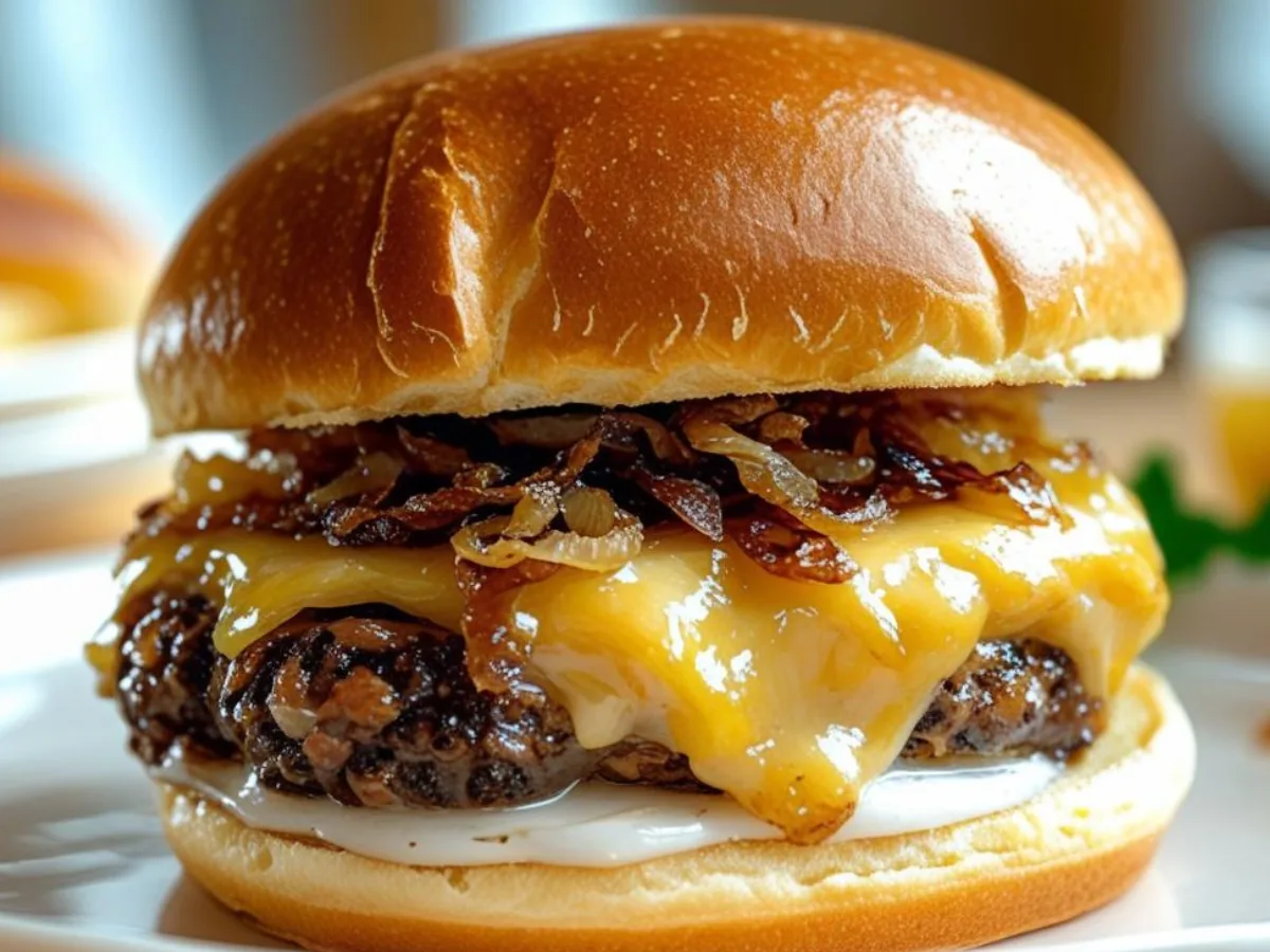 Juicy Oklahoma Fried Onion Burger on a griddle.