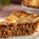 A golden-brown Old-Time Mincemeat Pie with a flaky crust, cooling on a rack, showcasing the rich holiday celebration vibes.