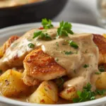 One-pan chicken and potatoes with gravy.