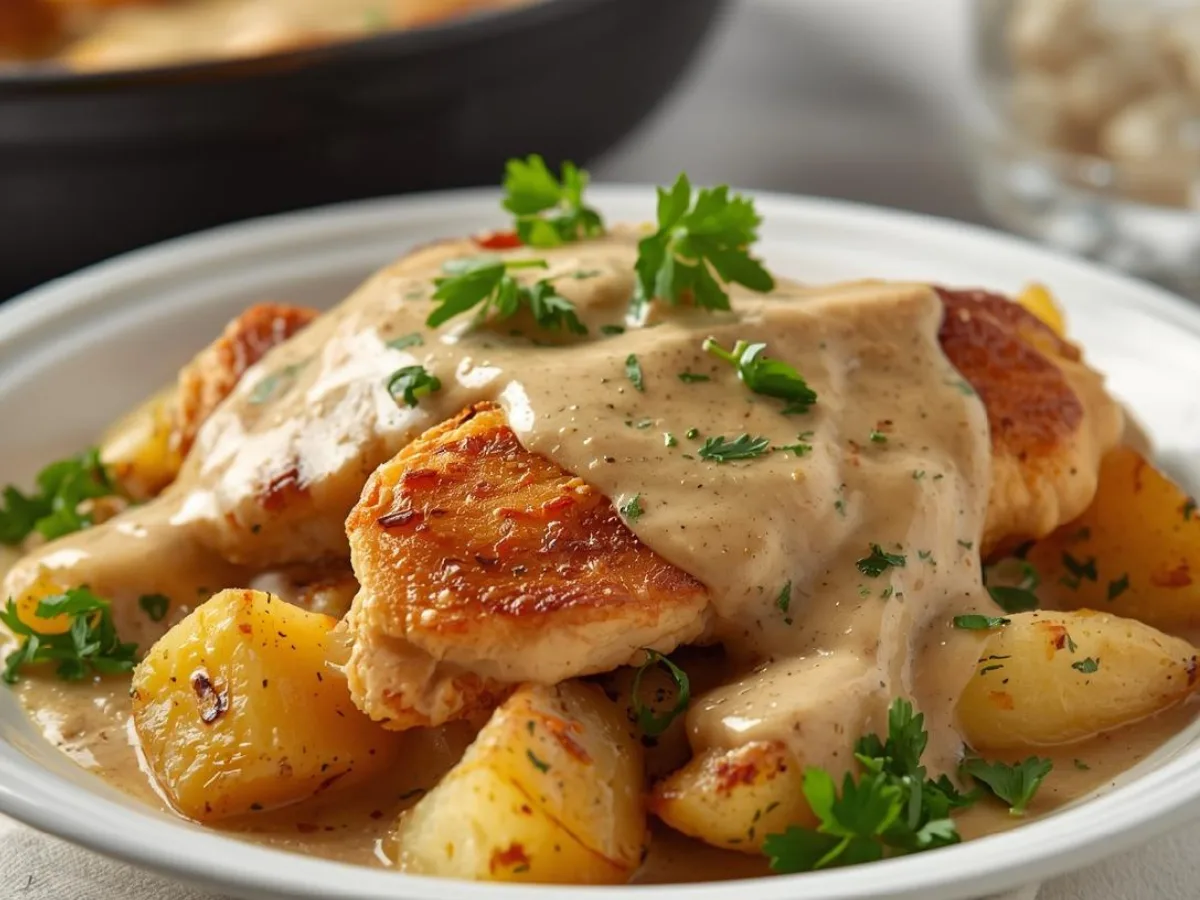 One-pan chicken and potatoes with gravy.