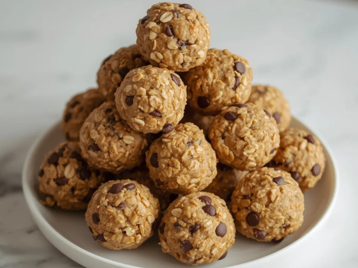 Smooth peanut butter protein balls on a plate.