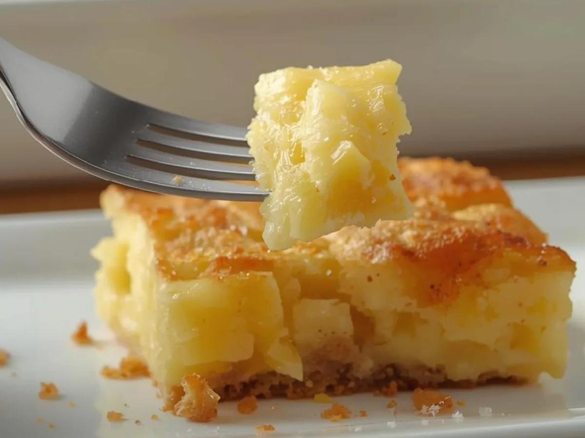 A golden brown Pineapple Bake in a white ceramic dish, showcasing a bubbly crust and tropical paradise vibes.