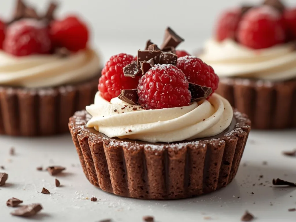 Close-up of No-Bake Raspberry Chocolate Mousse Cups with Homemade Raspberry Jam and fresh berries