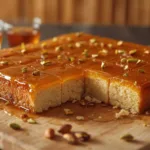 Golden Cardamom Rose Syrup Basbousa slices on a platter.