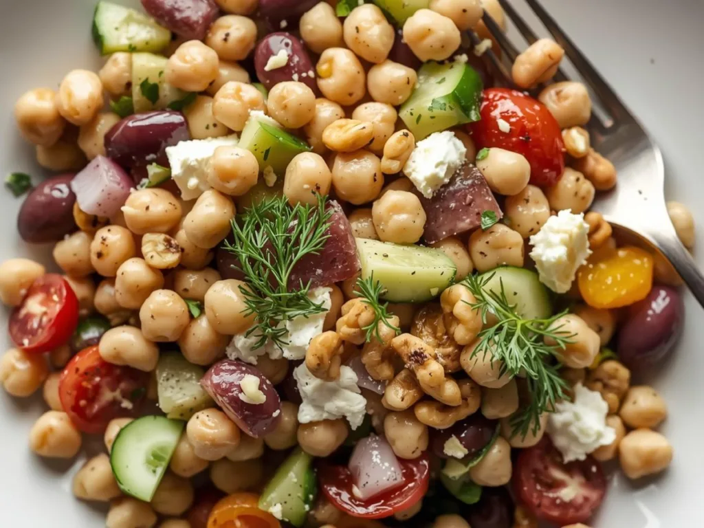 Healthy High Protein Three Bean Salad in a bowl with fresh parsley and Mediterranean spices.