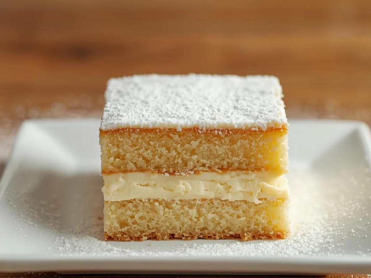 Close-up of a sliced Vanilla Magic Custard Cake showing three distinct layers: sponge, custard, and base, with powdered sugar.