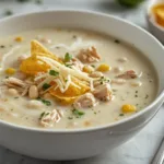 White Chicken Enchilada Soup with toppings.