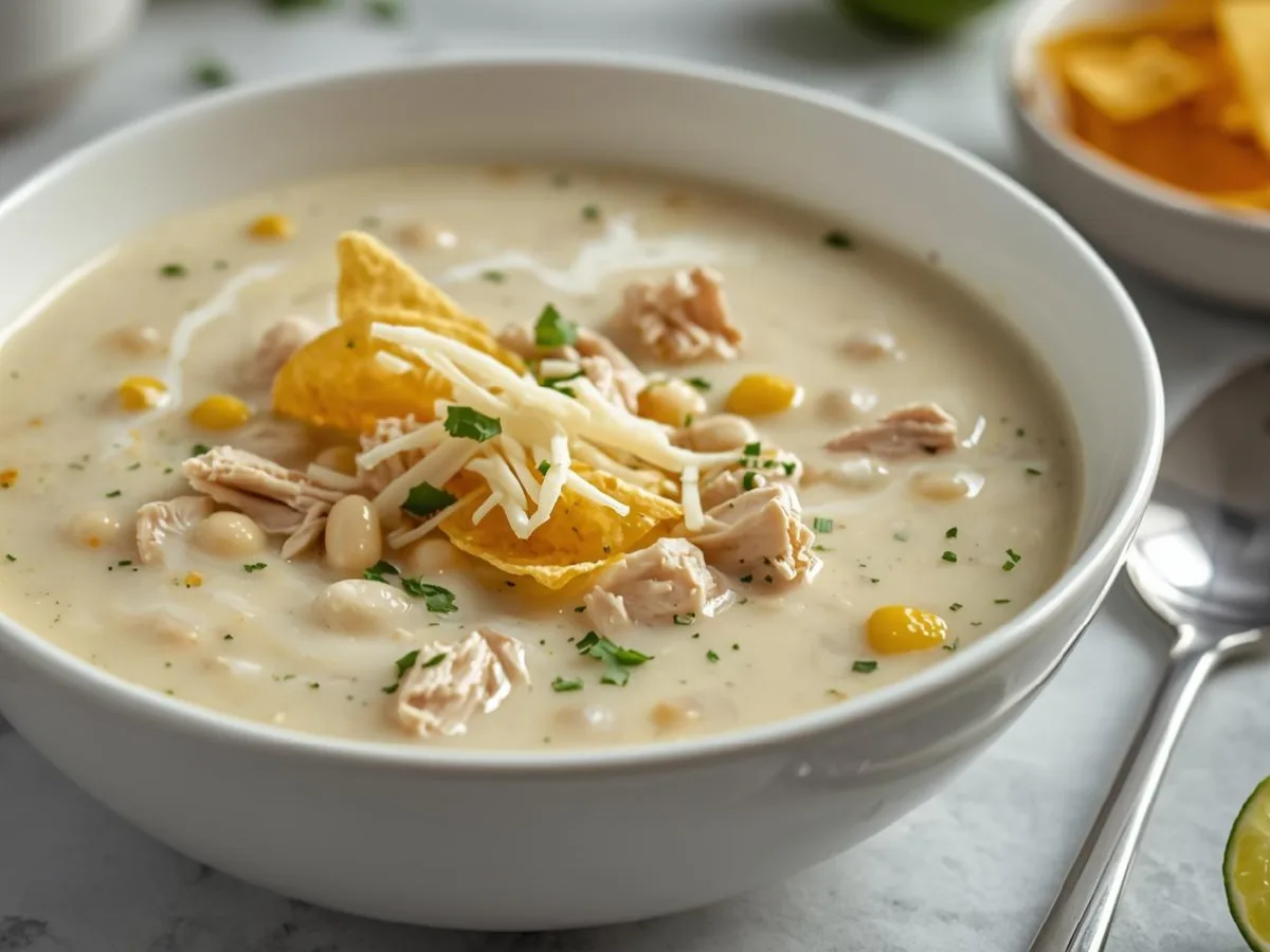 White Chicken Enchilada Soup with toppings.