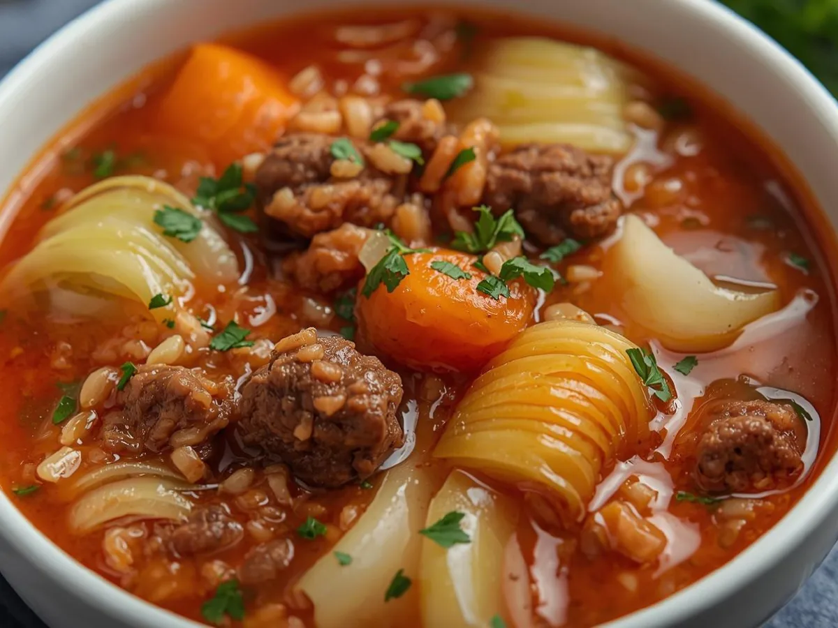 Hearty bowl of unstuffed cabbage roll soup with lean ground beef, rice, and tender cabbage in a rich tomato broth.