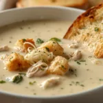 Creamy Garlic Parmesan Chicken Soup with fresh spinach