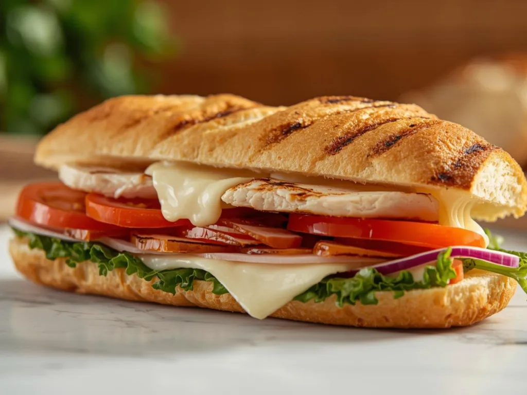 A close-up shot of a Grilled Chicken Cordon Bleu Sandwich featuring melted Swiss cheese and turkey ham on a toasted bun.
