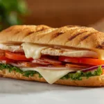 A close-up shot of a Grilled Chicken Cordon Bleu Sandwich featuring melted Swiss cheese and turkey ham on a toasted bun.