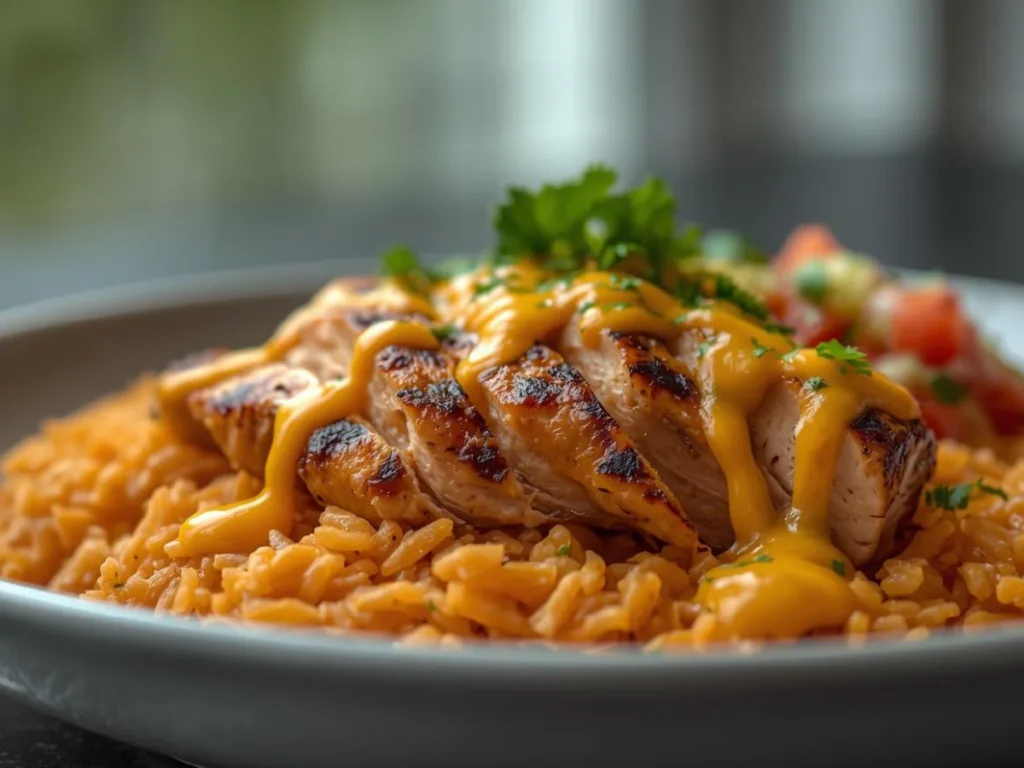 Pollo Loco Mexican Chicken and Rice with Queso on a plate