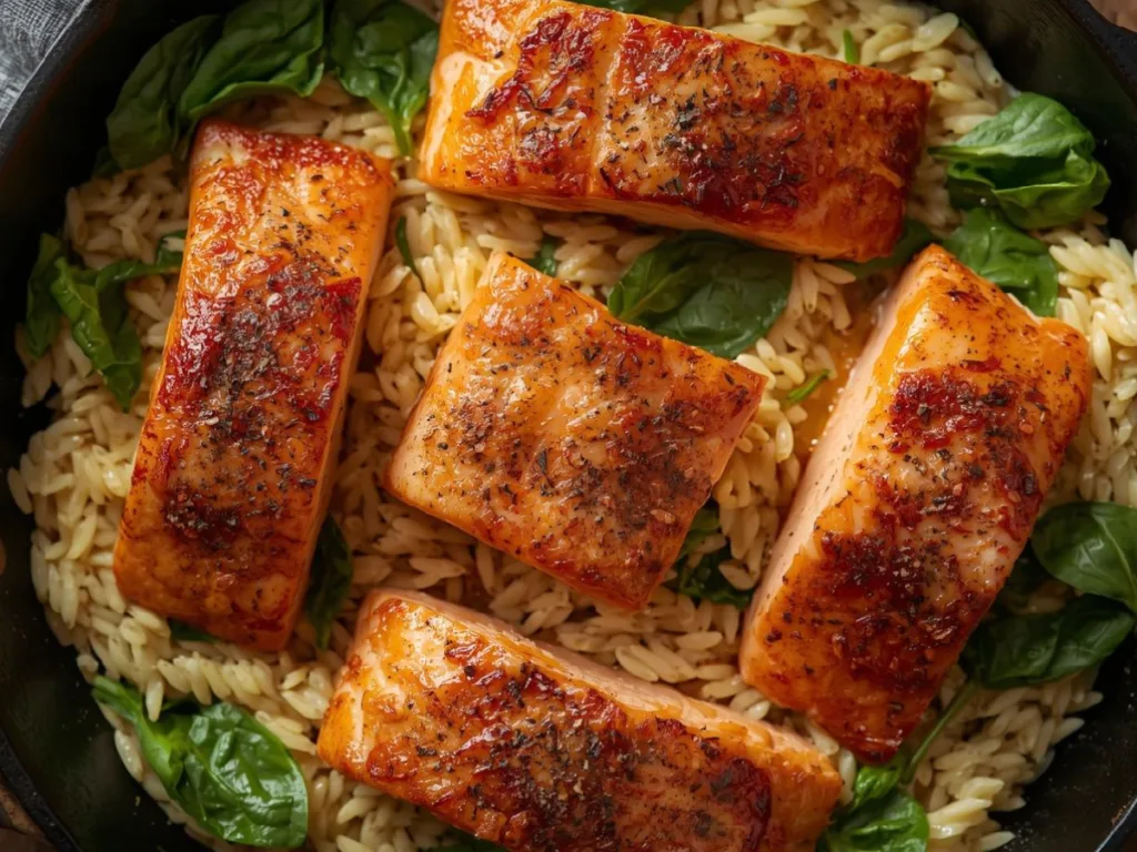 Skillet salmon with lemon orzo in pan