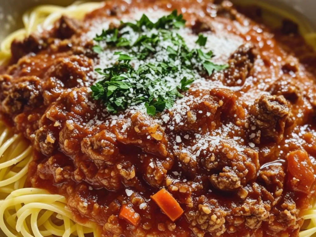 130-Year-Old Italian Spaghetti Sauce served over al dente pasta with a sprinkle of fresh herbs and parmesan.