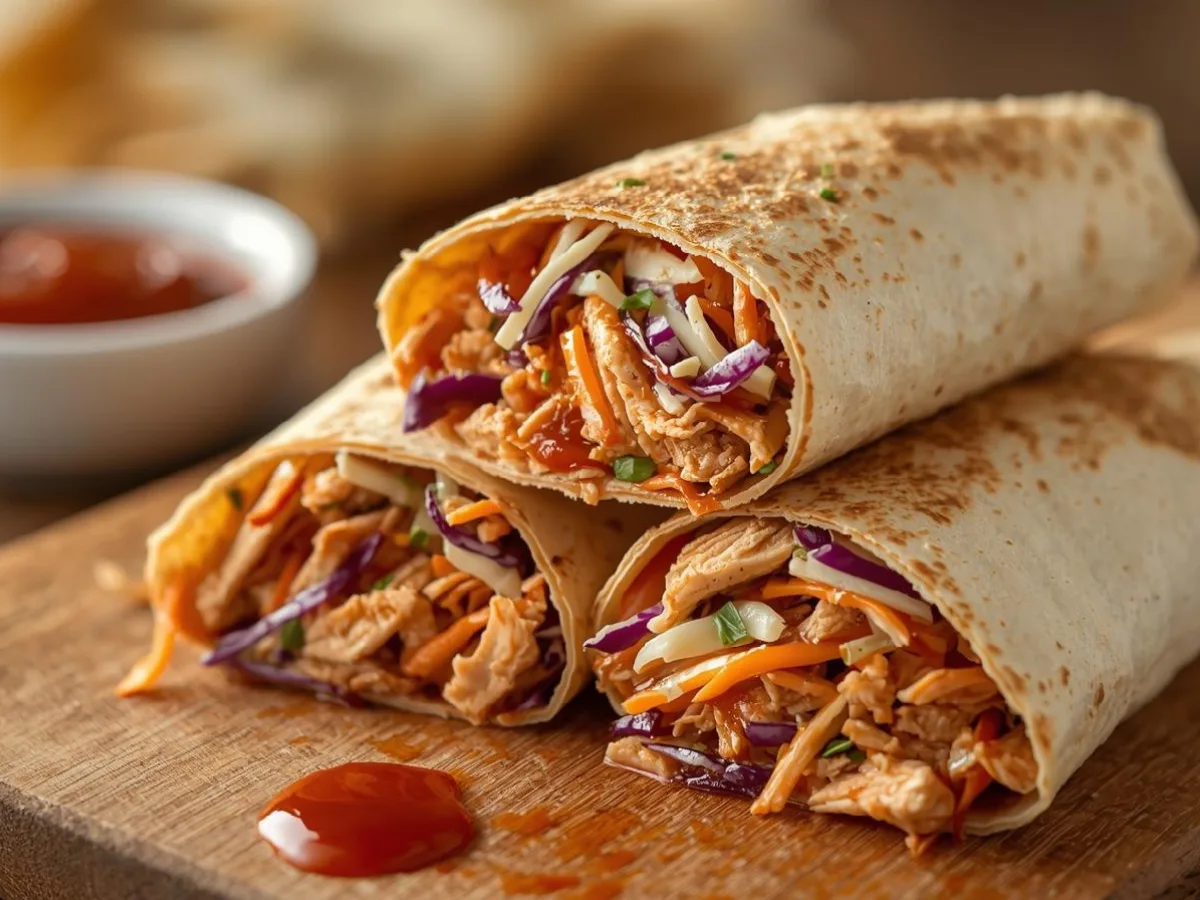 BQ Chicken Coleslaw Wraps with tangy sauce.