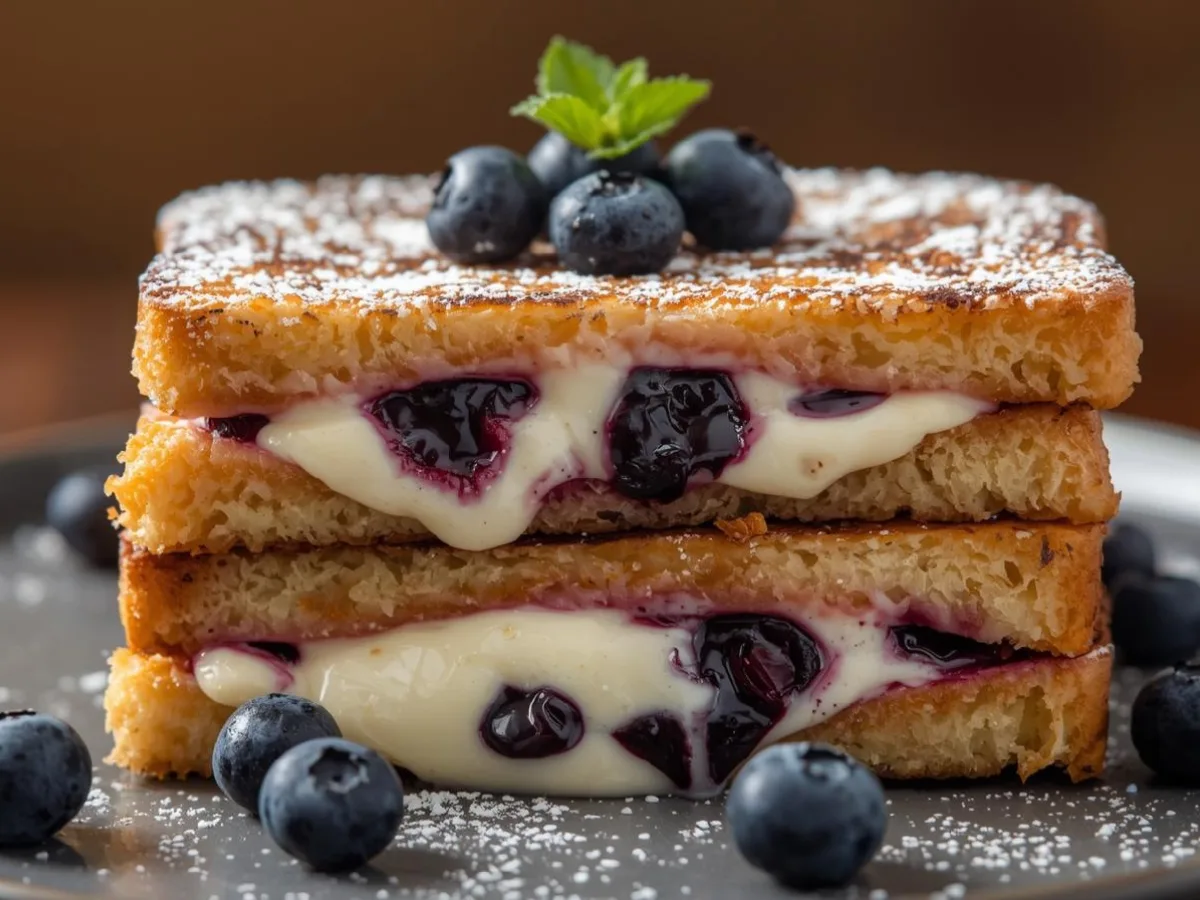 Blueberry Cheesecake Stuffed French Toast on plate.