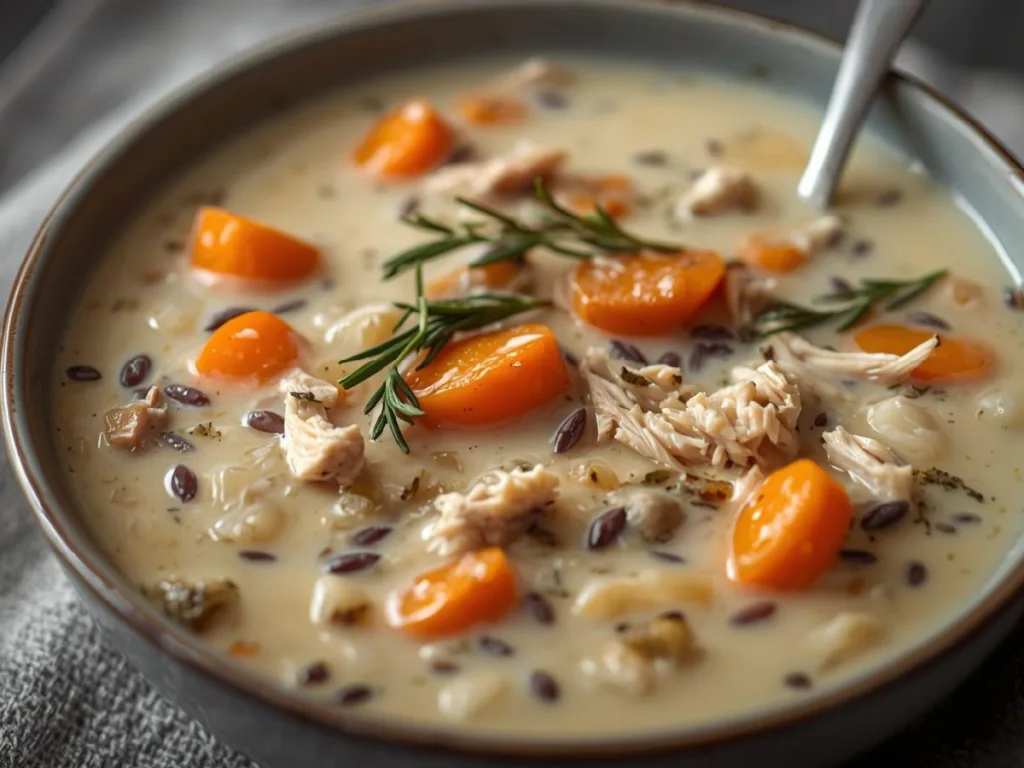 Hearty Chicken and Wild Rice Soup bowl with herbs