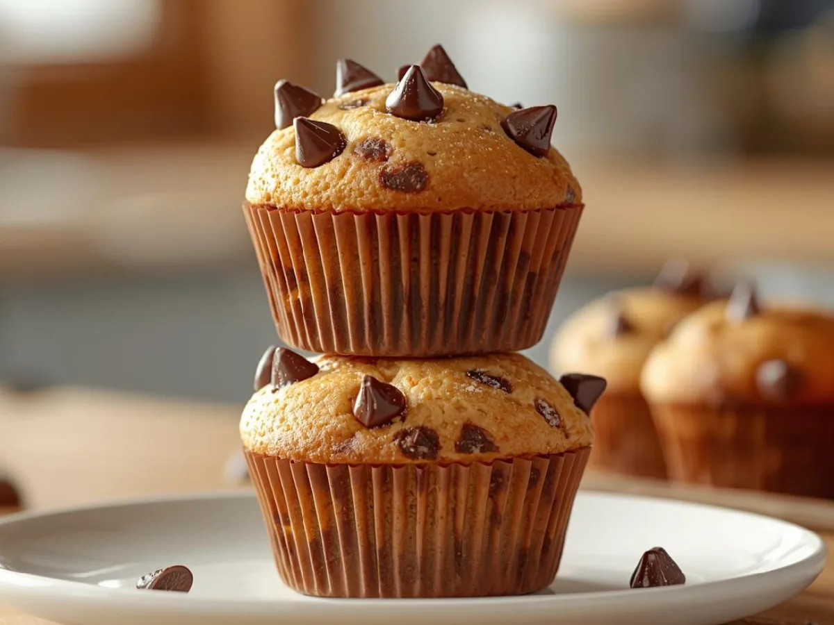 Moist Choc Chip Banana Muffins stack.