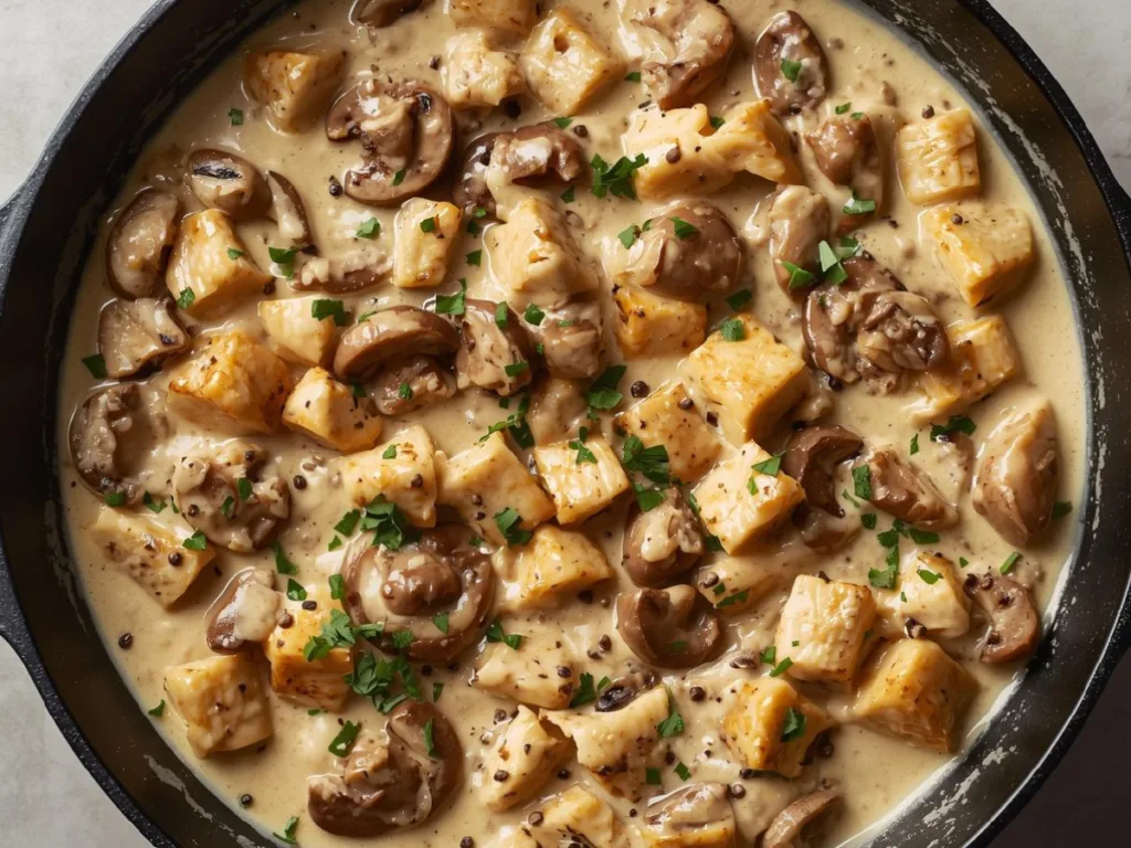 Top-down view of a steaming pan of creamy chicken stroganoff with golden mushrooms.