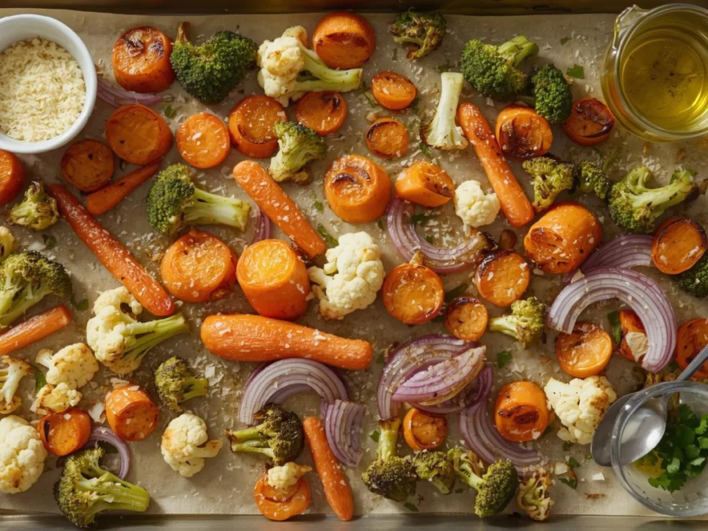 Golden Roasted Vegetables with Garlic and Parmesan on a baking sheet.