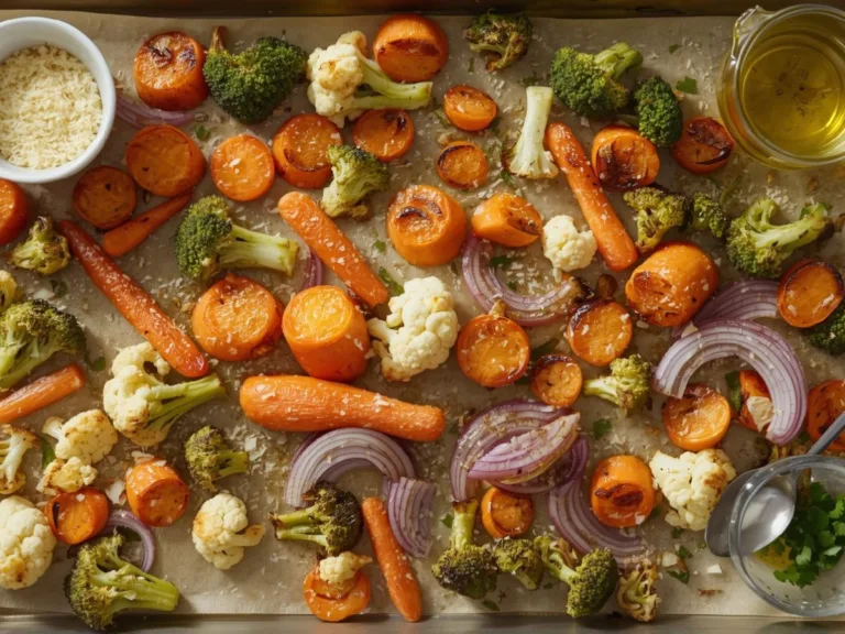 Golden Roasted Vegetables with Garlic and Parmesan on a baking sheet.