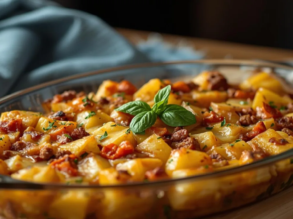 Hearty Amish Winter Bliss Casserole in a 9x13 baking dish with layers of meat, sweet carrots, and potatoes in a tomato-herb sauce.