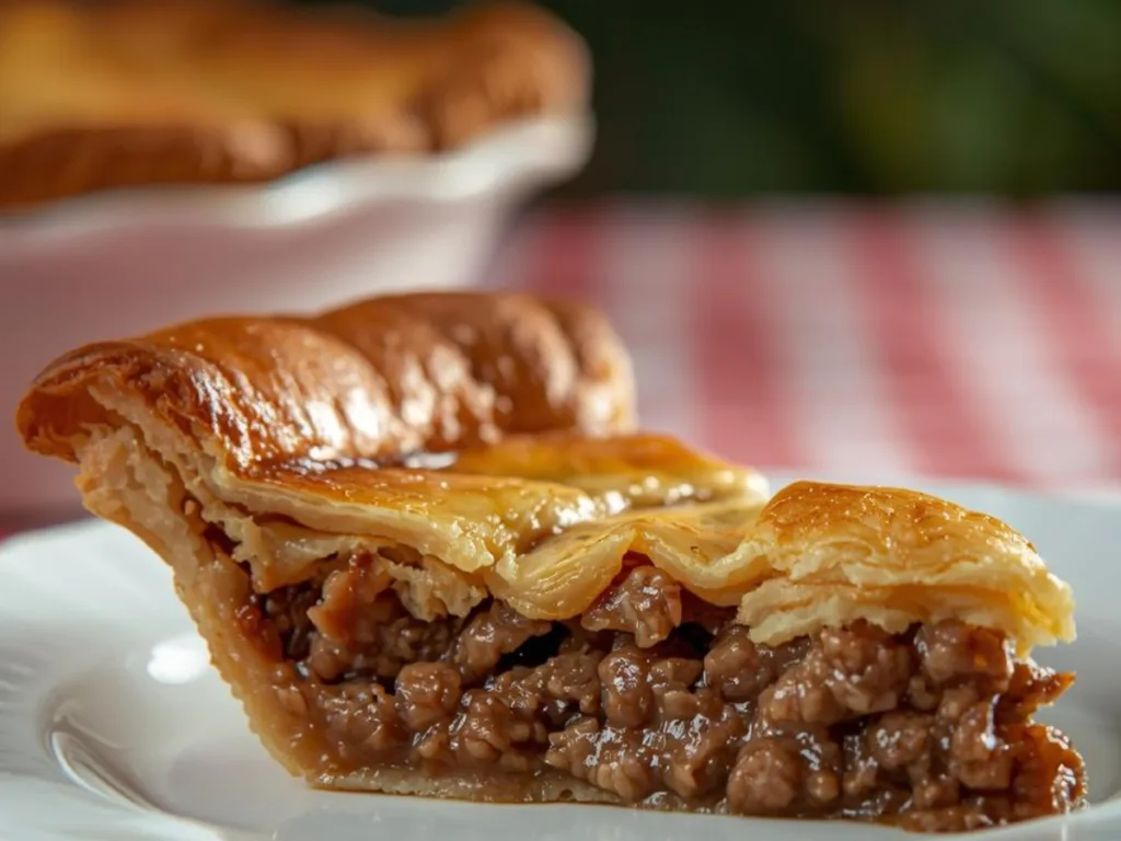 Close-up of a slice of Old-Time Mincemeat Pie featuring cherry preserves, tender steak, and dried fruits on a vintage plate.