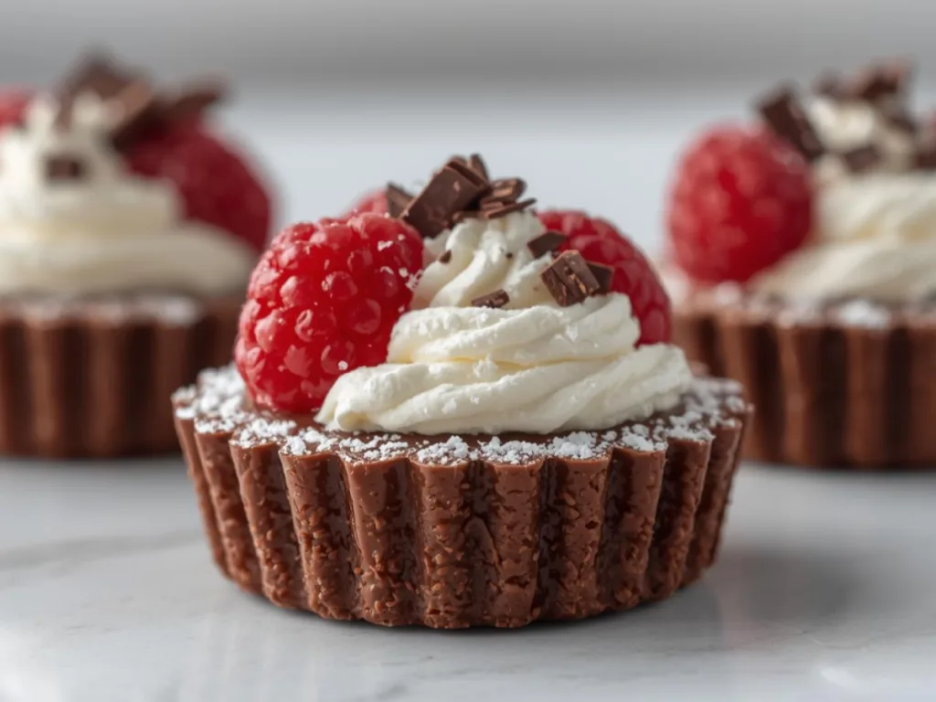 Elegant Dessert Cups featuring silky Chocolate Mousse and vibrant Red Gelatin raspberry layers.