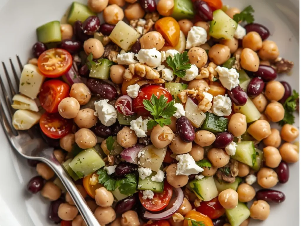 Close-up of a High Protein Bean Salad with feta cheese and cherry tomatoes on a rustic table.